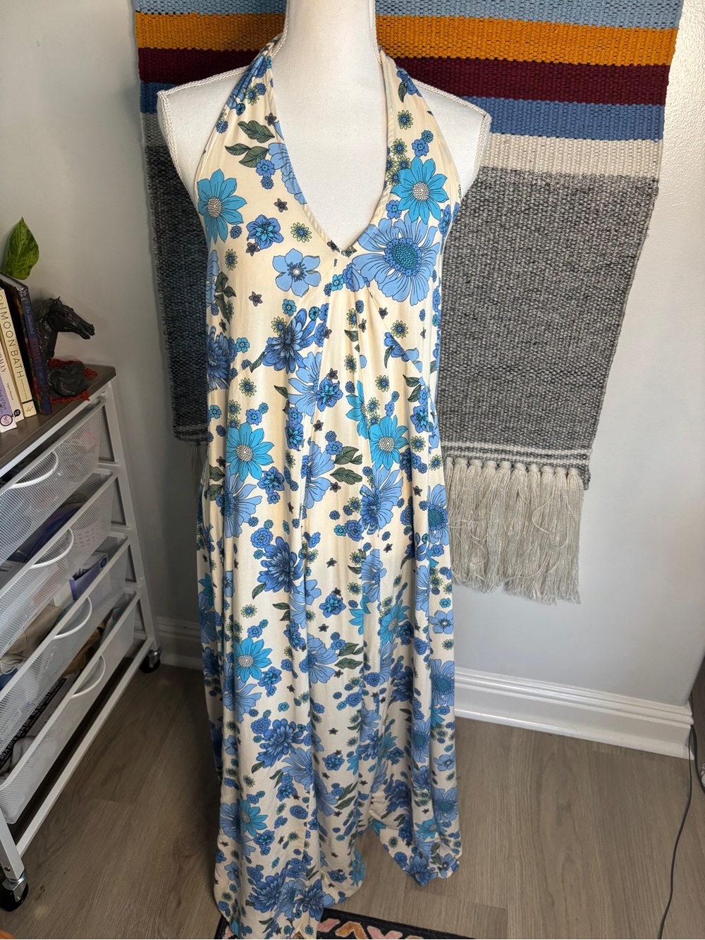 Aakaa Cream Maxi Dress with Blue Floral Print